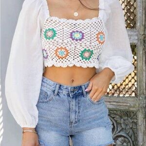 White Crochet Puff-Sleeve Crop Top with Multicolor Floral Motifs